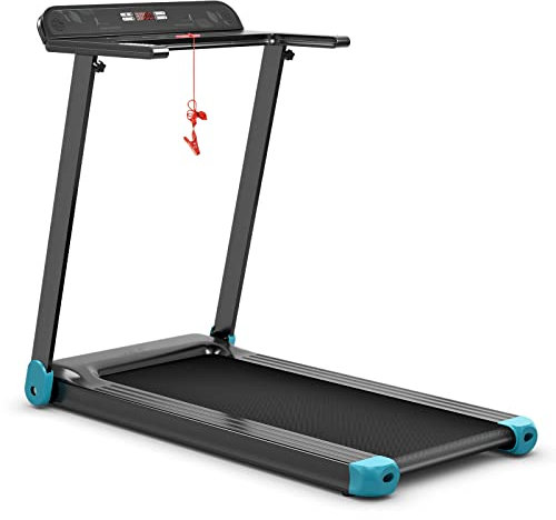 GYMAX Klappbar Laufband mit 12 voreingestellten Programmen, elektrisches Laufband mit LCD Display & Bluetooth, Laufbänder bis 90kg belastbar inkl. Sicherheitsschlüssel, für Büro & Hause (Blau)