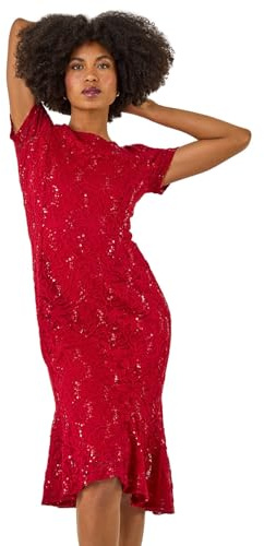 Roman Originals Floral Lace Overlay Dress for Women UK - Ladies Luxury Ball Gown Shift Midi Lined Knee Length Stretch Formal Wedding Guest Party Evening - Crimson Red - Size 18