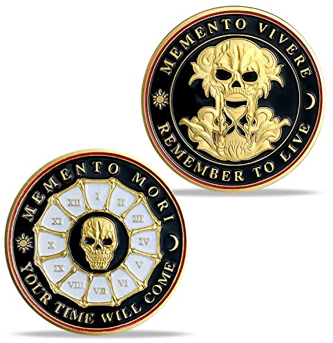 AtSKnSK Memento Mori Memento Vivere Moneda Calavera Árbol de la Vida | Moneda de memoria estoica práctica estoica, regalo para fanáticos del estoicismo (negro y dorado)