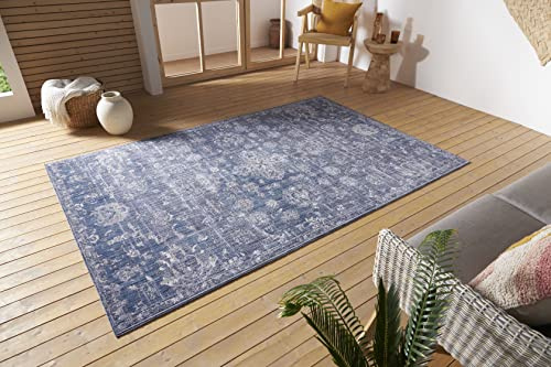 Nouristan Alexandria In- & Outdoor Teppich Orientalisch – Flachgewebe im Orient Muster Vintage Waschbar, Wetterfest & UV-beständig für Balkon, Terrasse, Garten, Wohnzimmer – Blau, 190x280cm