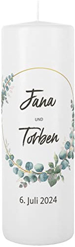 Herz & Heim® Hochzeitskerze mit sommerlichen Motiven oder Sprüchen, mit Wunschnamen und -datum Eukalyptuskranz