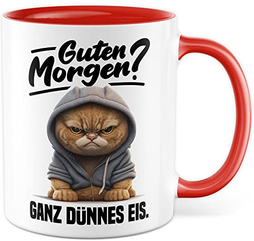 Tasse mit Spruch lustig Katze Morgenmuffel Witz Geschenkidee Kaffeetasse Humor Geschenk für Verschlafen Kaffeebecher Witz Becher (Weiß & Rot)