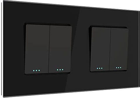PULSAR Unterputz Lichtschalter 2-Fach Schwarz Glas, Doppelter Serienschalter mit Glasrahmen 10A 250V, Doppel Schalter Wandschalter