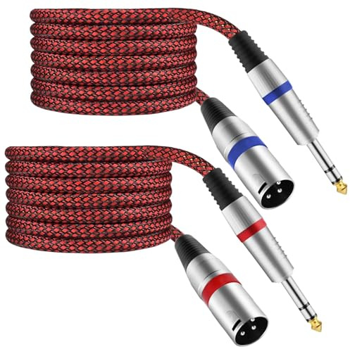 Mugteeve XLR Male to 1/4 TRS Cable Balanced - 50FT Quarter Inch Stereo to XLR Microphone Cord Adapter, Nylon Braided, OFC Shielded, Red Color, for Mixer, Monitor Speaker, Audio Interface, 2Pack