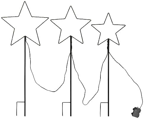 Bonetti 3er Set Weihnachtssterne aus Metall für Außen mit Erdspieß, 3 Größen 25 30 35 cm, schwarz mit warm-weißen LEDs, gesamt 150 LEDs, batteriebetrieben