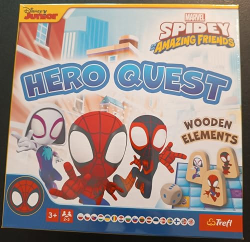 Trefl – Hero Quest, Spidey and His Amazing Friends – Familienbrettspiele, Holzspielfiguren und Würfel, Finden Sie die Superhelden, EIN Spiel für die Jüngsten mit Märchenhelden, für Kinder ab 3 Jahren