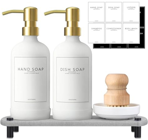 NEECZS Kitchen Soap Dispenser Set with Instant Dry Tray,16 Oz Hand and Dish Soap White Glass Dispenser Set,Stainless Steel Pump,Waterproof Labels&Dish Brush,Luxury Soap Bottle for Kitchen,Bathroom