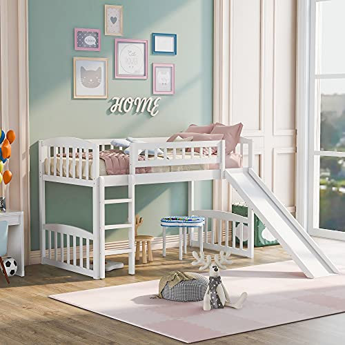 Bellemave Letto a soppalco matrimoniale con scivolo e scala, letto a soppalco basso per bambini, letto a soppalco in legno, per ragazzi e ragazze, bianco