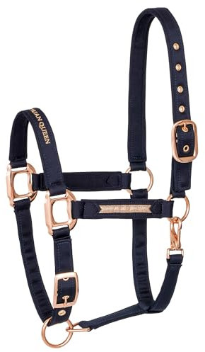 Equestrian Queen Milan Halfter für Pferde verstellbar 2 Fach an Kinnriemen & Genickstück, Stallhalfter, Halfter Pferd Vollblut, Halfter Warmblut, Pony (Dunkelblau, Full (Warmblut))