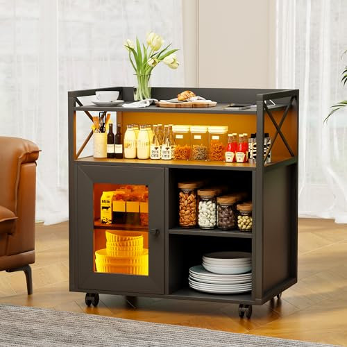 Lvifur Sideboard Wohnzimmer mit 360° drehbare Rollen,Kommode Holz mit 24 Farbige LED-Leuchten,Aufbewahrungsschrank Buffetschrank für Küche,Esszimmer