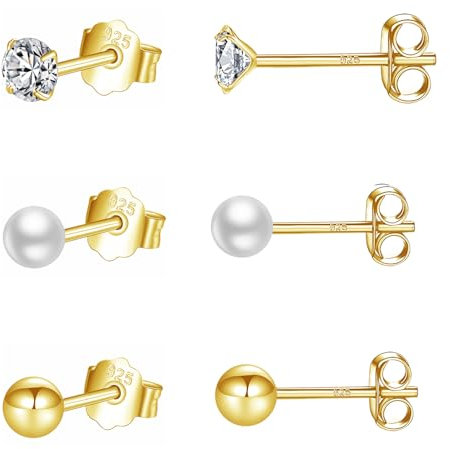 GULICX Sterling Silver 14K Gold Stud Earrings for Women Girls, 3 Pairs 4mm Hypoallergenic Ball Pearl Cubic Zirconia Stud Earrings Set,Small Helix Cartilage Tragus Sleeper Studs Piercing Earrings Gifts