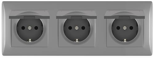 BSEED Schuko Steckdose 3 Fach mit Wasserdichter Abdeckung, Schutzkontakt Steckdose Küchensteckdose,3er Steckdose Unterputz mit Steckklemme PC Rahmen Dreifachsteckdose Grau - 222 mm