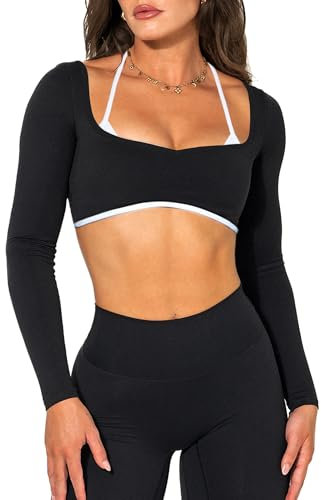 Navneet Sport Oberteile Damen Gym Yoga Shirt Langarmshirts Backless Halter Sport Top mit BH Laufshirt Crop Top Fitness Schwarz M