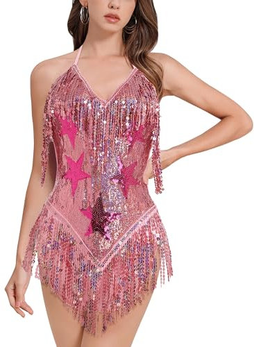 IMEKIS Glitzer Tanzbody Damen Stern Pailletten Fransen Body Neckholder V-Ausschnitt Musik Festlich Party Dancewear Nachtclub Kost�m Halloween Karneval Rave Outfit Rosa M