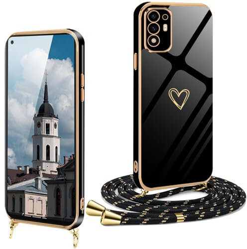 XCYYOO Handykette Oppo A94 5G Hülle mit Band mit Herz Love Design,Oppo A94 5G Handyhülle mit Kette Galvanisierte Kratzfest Schutzhülle Silikon Bumper Stoßfest Dünn Hülle mit Kordel Case
