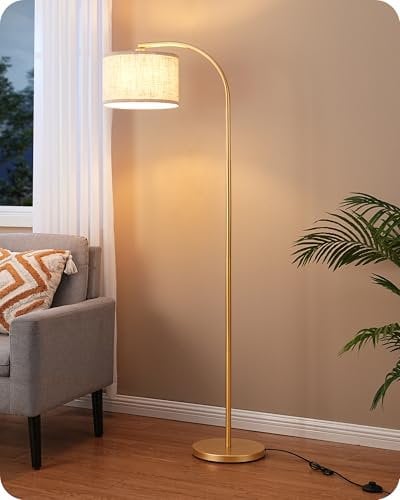 EDISHINE Lámpara de Pie Minimalista con Pantalla de Lino Beige, Casquillo E27, con Bombilla LED, 161cm Lámpara de Arco con Pantalla Ajustable para Dormitorio, Salón, Oficina, Dorado