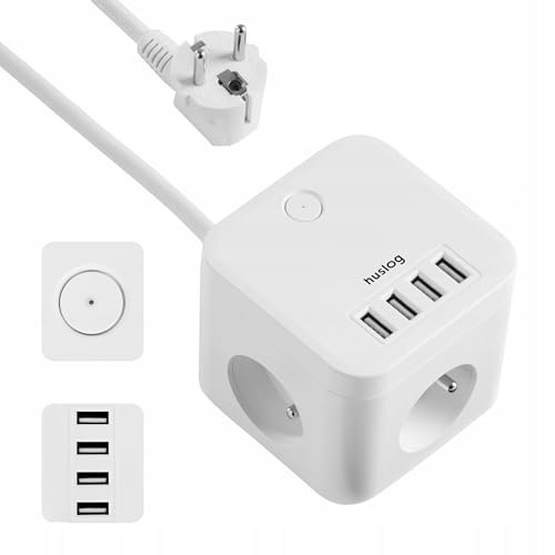 Huslog Regleta Cubo 7 en 1 con 3 Tomas y 4 USB, 230V/10A, Cable de 1,5 m, Interruptor con LED, Conexión a Tierra, Compacta y Antideslizante para Oficina y Hogar, Blanco