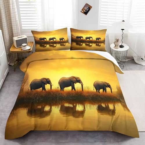 CozyRest Bettbezug 155x220 cm Bettwäsche Set Mikrofaser DREI Elefanten Im Grasland Kinderbettwäsche Set für Kinder Teens, Bettbezug mit 2 Kissenbezüge 80x80 cm