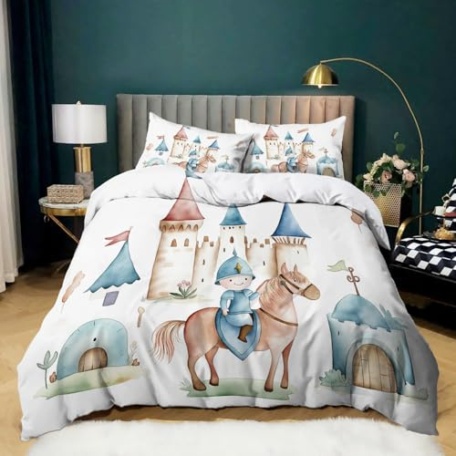 Märchen-Design Bettbezug Set Bunt Bedruckt Kinder Bettwäsche 3 Teilig mit Reißverschluss, Cartoon Ritter Burg Pferd Motiv Mikrofaser Bettwäsche Set für Jungen Kinderzimmer, 135 x 200 cm