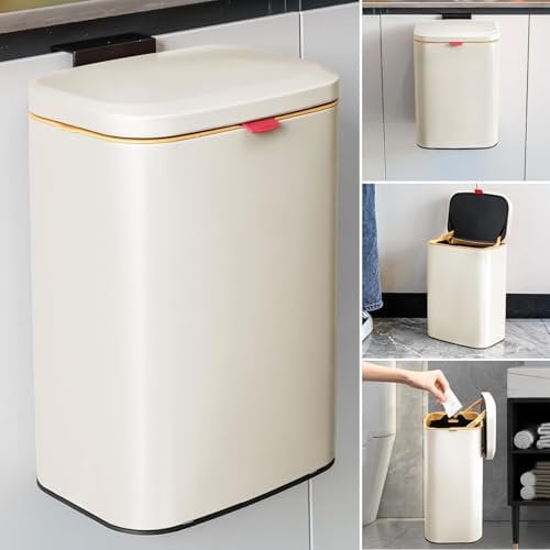 Hanging Trash Can with Lid, 8L White Kitchen Compost Bin Kitchen Garbage Can Stainless Steel Wall-Mounted Waste Bins for Countertop or Under Sink
