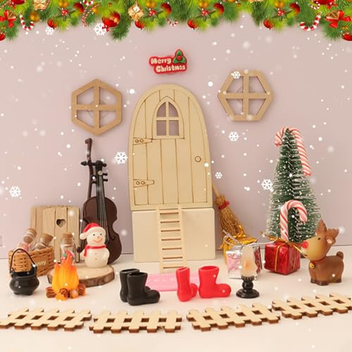 Nexoria Wichieltür Set Weihnachten, Wichteltür Zubehör Weihnachten Wichteltür Komplettset Miniatur Wichteltür Baustelle Set Weihnachtswichtel Weihnachtsbaum Wichtelzubehör Weihnachts Deko (A)