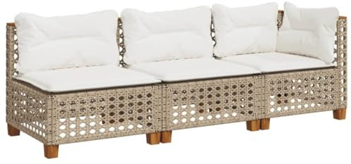 vidaXL Gartensofa 3-Sitzer, Gartensessel mit Kissen, Modular Loungesofa für Garten Terrasse, Sofa Garnitur Gartenmöbel, Beige Poly Rattan