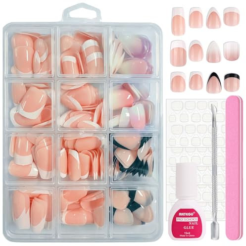 Falsche Nägel Tips Set - 288 Stück Schwarz Weiß Französisch Falsche Nägel Zum Aufkleben - Kurz Almond Ballerina Rosa Gradient Fake Nails mit Kleber für Frauen und Nageldesign (Weiß Rosa)