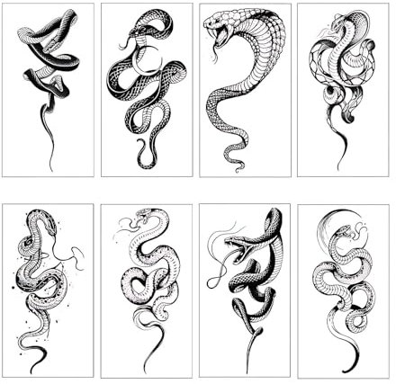 Lot de 8 feuilles de tatouages temporaires de serpent noir, imperméables, durables, réalistes, autocollants de tatouage de serpent, autocollants de tatouage pour Halloween, transfert d'art corporel