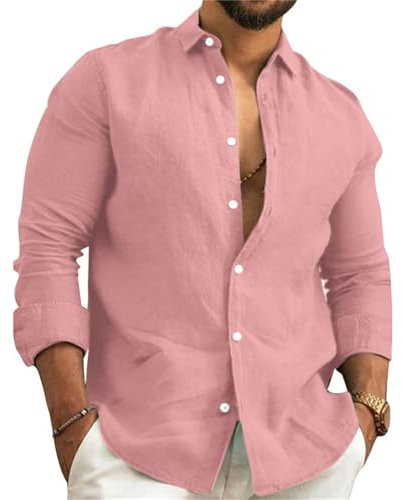 NIBESSER Camicia Lino Uomo Manica Lunga Estiva Elegante Camicia Uomo Casual con Bottoni Traspirante Tinta Unita per Spiaggia Mare Vacanza, Rosa, S