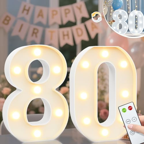 Vimlits Light Up Numbers 80th Birthday Decorations, LED Number Lights Lighted Number Sign for Party Backdrop Wedding Anniversary Remote Wall Table Decor - Cool White & Warm White 80
