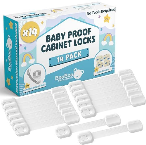 Booboo Baby (14 Pack) Premium Child Locks for Kitchen Cupboards, Child Proof Cabinet Locks, Drawer Locks Baby Proofing Cabinets with No Drilling, 3M Adhesive + 4 Extra Stickers