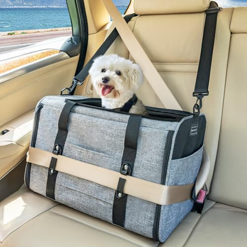 Petsfit Transportbox Katze Hundebox Auto Katzentransportbox Transportbox Hund - Faltbare Tragetasche mit 2 Patent-Schnallen für Autositz, 4-seitigem Netz & Abnehmbarem Kissen, L/Grau