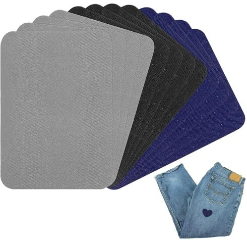 12Pcs Denim Patches for Jeans Iron On,Fabric Repair Patches 4 X 3 Inches Cotton Iron On Patches for Clothing External Decorating Kit (Black, Blue, Grey)