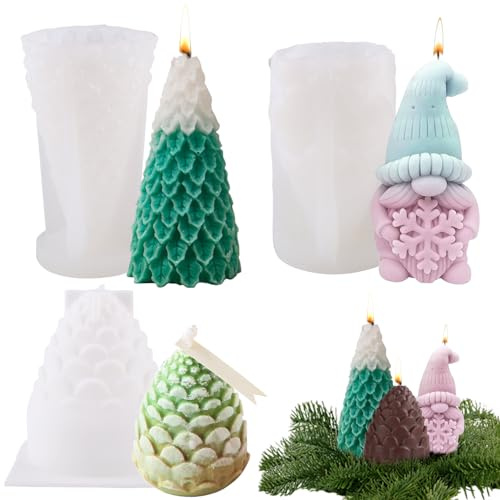 Fizdoqg Stampo in silicone per candele, 3 pezzi, per candele, in silicone, con albero di Natale, Natale, per candele fai da te (A)