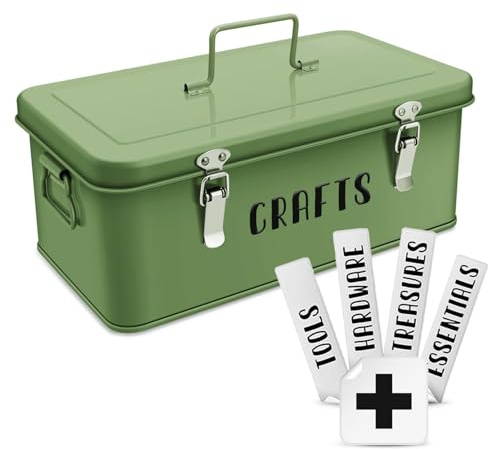 Flexzion Multipurpose Metal Storage Box - Metal Box with Lid, Handles, and Dual Latches for Medical and Tool Storage - 4 Compartments with Safety Lock, Green