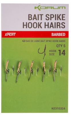 Korum Bait Spike Hook Hairs Barbed Qty 5 | Fishing Hook Bait Attachment | Hair Rig Spike | Ideal for Boilies, Pop-Ups and Wafters | 7mm Barbed Bait Spike Whipped to an Xpert Power Hook