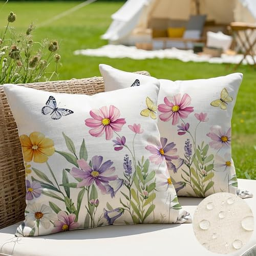 JANGYUHH 2er Set Outdoor Kissen Wetterfest Kissenbezug 45x45 cm Modern Farbe Blumen Dekokissen Sommer Rosa Kissenbezüge für Garten Sofa Couch Wohnzimmer Schlafzimmer Doppelseitiges Muster