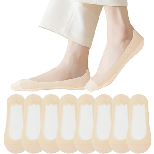 OFFCUP No Show Socks Women, 8 Pairs Ladies Invisible Sock, Non Slip Ultra Low Cut Liner Boat Loafer Sock, Cotton Breathable Footsies Shoe Socks for Loafers Flats Pumps Trainers UK 4.5-7 (Skin)