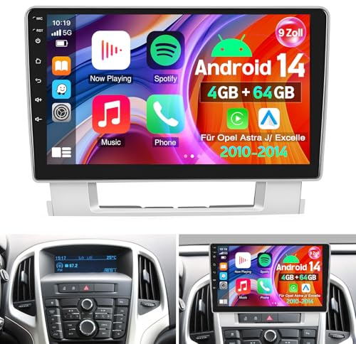 4+64G Autoradio Android 14 pour Opel Astra J/Excelle 2010-2014, Double Din, écran Tactile 9 Pouces avec Carplay Android Auto Bluetooth EQ FM/RDS Navi WiFi Commande au Volant+ Caméra de recul Mic