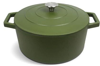 QULINART Cocotte en fonte d'acier ronde 4.2L couvercle en fonte avec poignée en inox sans PFOA, Compatible tous feux dont induction, four, réfrigérateur, congélateur, lave-vaiselle - Vert Mat Ø 25 cm