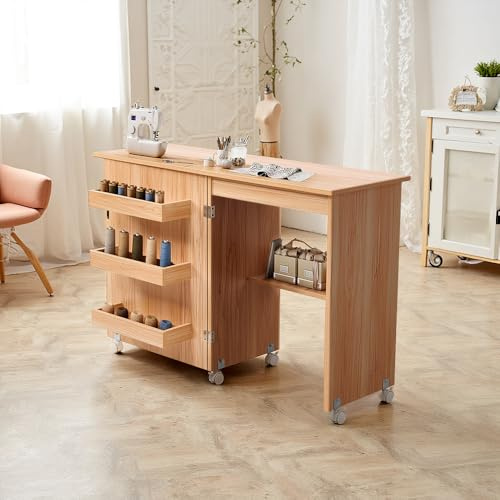 Warmiehomy Folding Sewing Machine Table with Storage Shelves and Wheels | Sewing Table 2-In-1 Craft Desk Hideaway Computer Desk, Saving Space, Craft Table with Storage 118x40x77cm(LxWxH),Wood