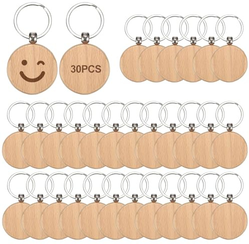 30 Stück Schlüsselanhänger Holz, Ø 4cm Schlüsselanhänger Holz Rund, Personalisierte Runde Leer Rohling, Schlüsselanhanger Holzen Rohling für DIY, Dekoration, Geschenke, Schlüsselbund, Malerei