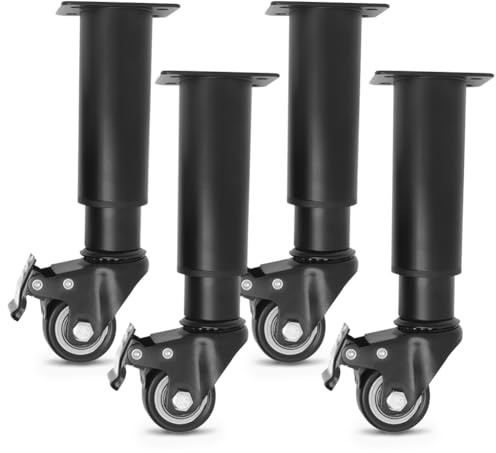 EUBSWA Lot de 4 pieds de meubles réglables en hauteur avec roulettes de 185 à 260 mm, noirs, en métal, réglables en hauteur pour pieds de meubles, pieds d'armoire, pieds de table, pieds de commode