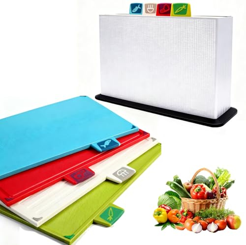 Set 4 Tagliere da Cucina Codificati Colore con Supporto e Piedini Antiscivolo, Taglieri Plastica Lavabile Lavastoviglie e Senza BPA, Cutting Board Prevenire Contaminazione Incrociata Alimenti