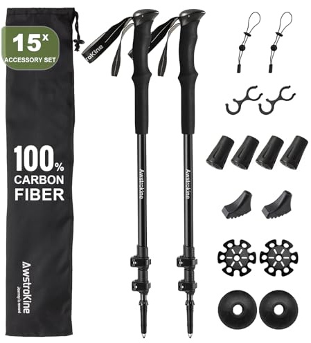 Lot de 2 Bâtons de Randonnée 100% Fibre de Carbone - Trekking Ultra Légers et Robustes avec Fermeture Rapide - Accessoires Tout-Terrain pour Hommes et Femmes