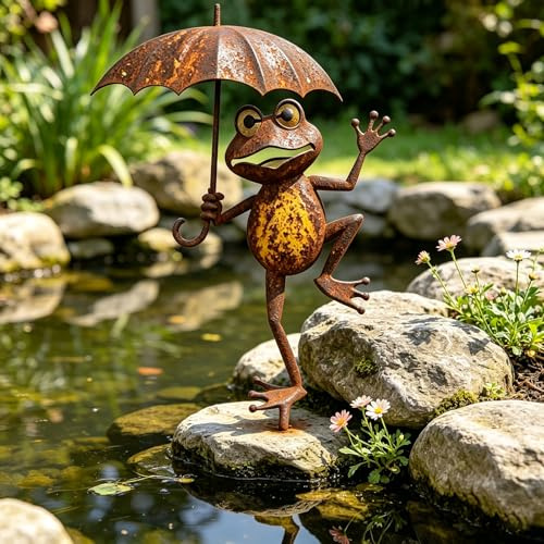 Huicare 2D Flach Frosch Gartendeko für Draußen Wetterfest Metall Gartenstecker Dekoration Gartenfiguren Gartenzubehör 33 x 17 cm