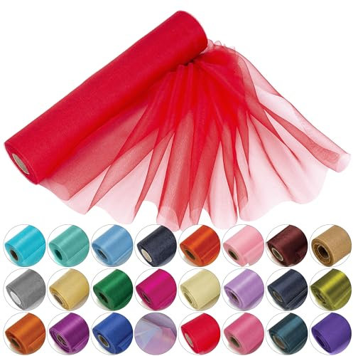 Trimming Shop Organza-Rolle, 25 m x 29 cm, schneetransparenter Glitzerstoff, Elegantes Dekotuch für Stuhlschleife, Tischläufer, Hochzeitslocation, Partydekoration, #Rot
