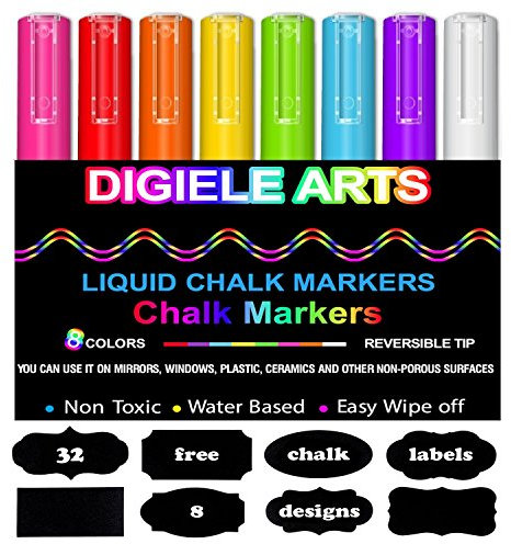 DIGIELE Rotuladores de Tiza Líquida, 8 Llamativos Colores con 32 Etiquetas reusables, Punta Reversibles 3mm, Borrado en Paño Seco o Húmedo, para Superficies no Porosas - NO Tóxico, Inodoro, Borrable