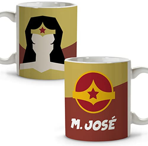LolaPix Taza Superhéroes Personalizada con Nombre. Regalo Friki. Varios Diseños y Colores Interior. Mujer Maravilla. Taza cerámica 330ml
