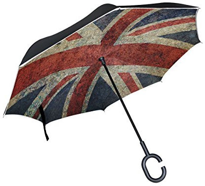 Use7 Vintage Union Jack UK Flag Inverted Umbrella, Large Double Layer Outdoor Rain Sun Car Reversible Umbrella